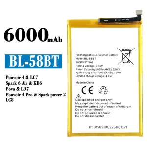 手機電池 BL-58BT 適用於 Tecno Pouvoir 4 / Pouvoir 4 Pro/ Spark 6 Air / Spark power 2